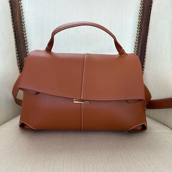 Amazon Handbags - NEW Chic Minimalist Tan Faux Leather Structured Top Handle Satchel Bag